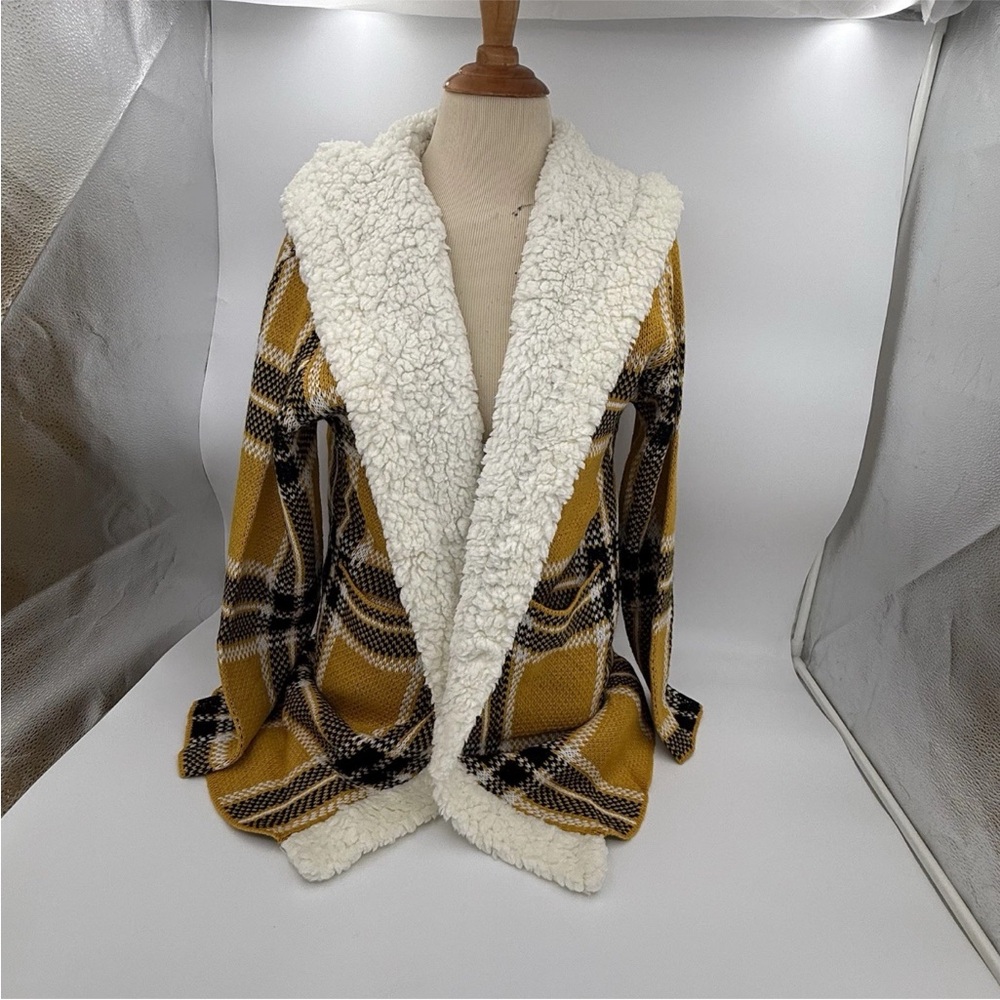 Net.153 Mustard Knit Sherpa Lined Plaid Hoodie Coat Small/Med NWT